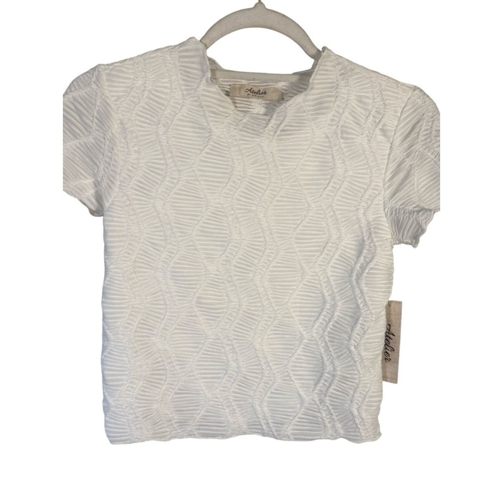 Atelier by Kirious White Textured Short Sleeve Cropped Top Size XS Stretch